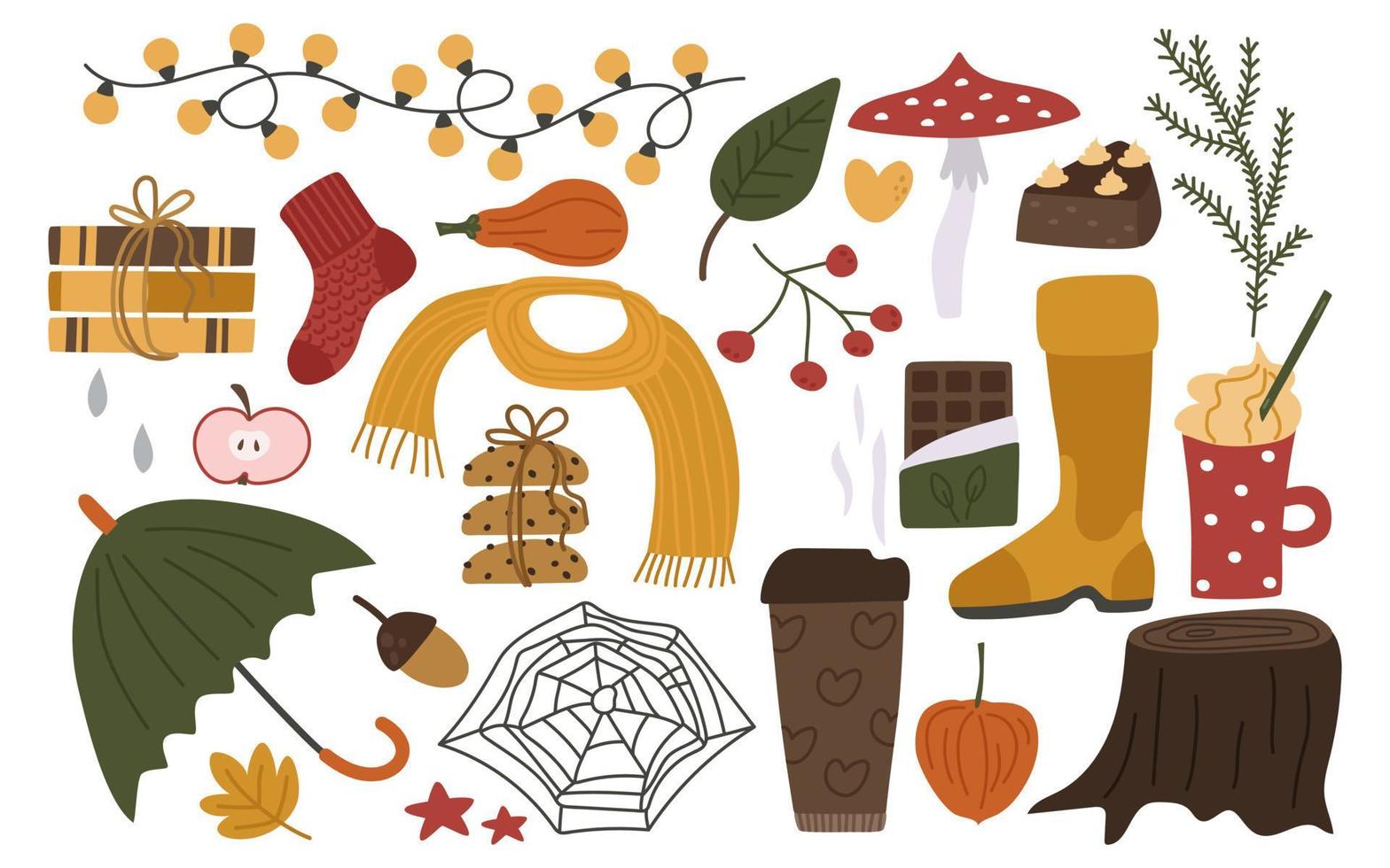 Autumn is a cozy set of elements. Umbrella, fly agaric, pumpkin, physalis, books, scarf, coffee, chocolate, cookies, web. Vector illustration collection for falling design or decor.