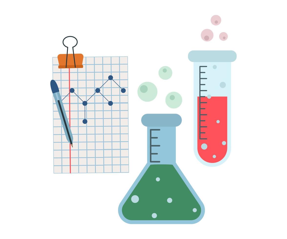 Glass test tube and flask with liquid for chemical experiments in a school or scientific laboratory. Vector isolated illustration for design or decoration.