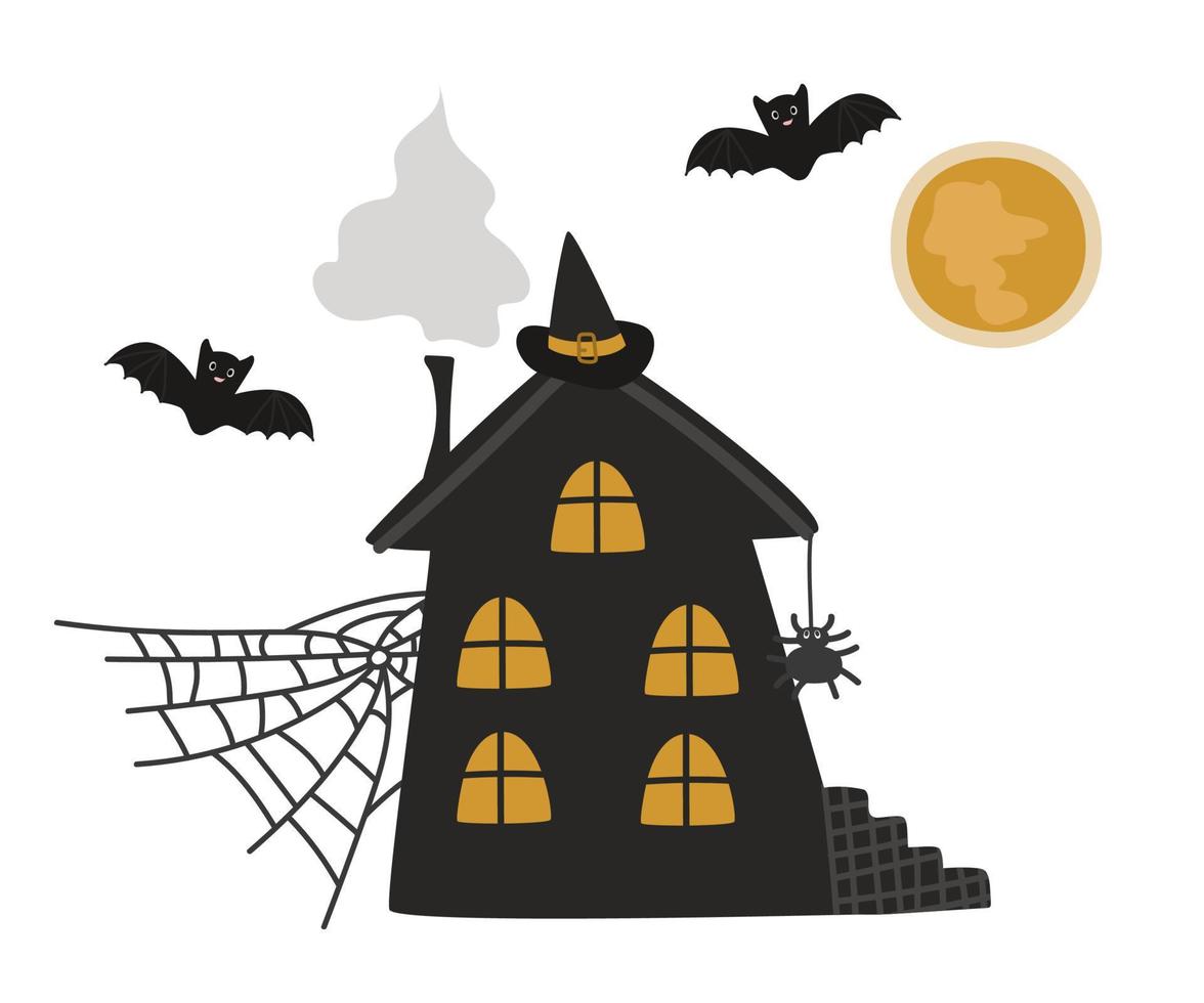 The witch's house is magical.  The moon, bats, cobwebs and a hat on the roof for Halloween. Vector thematic illustration isolated for falling design and decor.