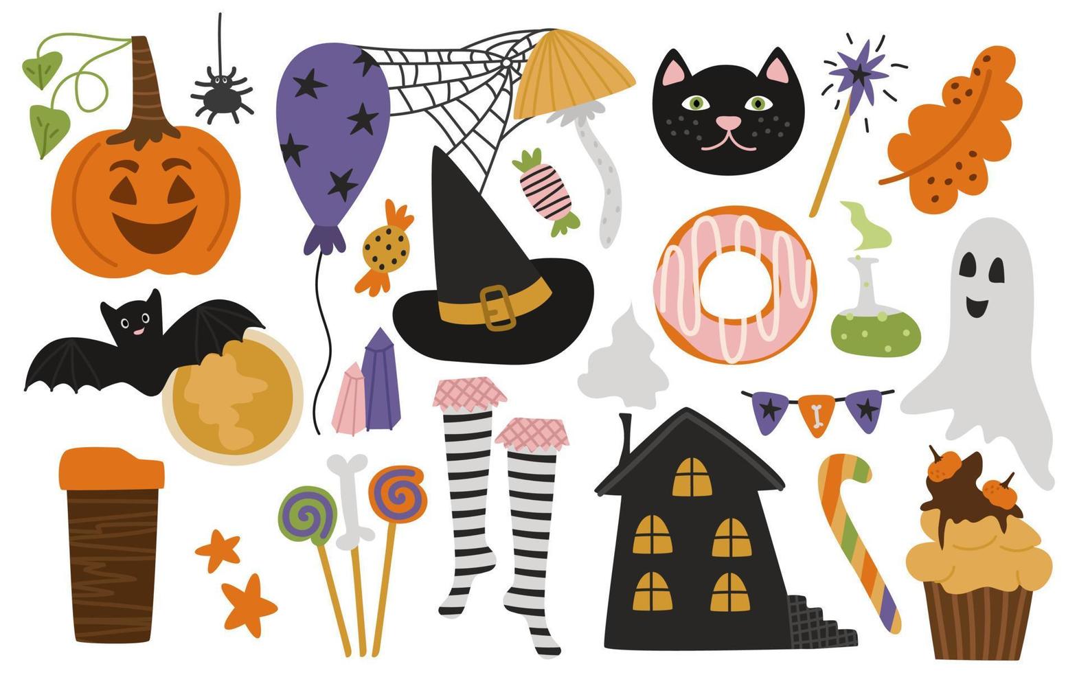 Halloween set for the holiday. Pumpkin, spider web, witch's house, potion, mushrooms, moon, crystals, donut, sweets, garland. Vector illustration isolated for falling design and decor.