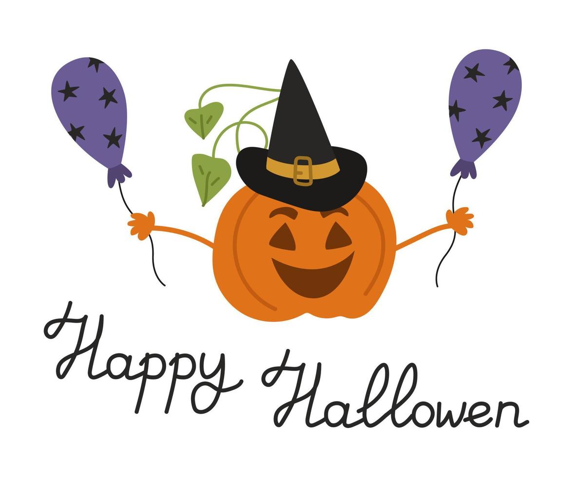 Happy Halloween banner with a cheerful pumpkin in a hat, balloons and text for the holiday. Vector illustration isolated for falling design and decor.