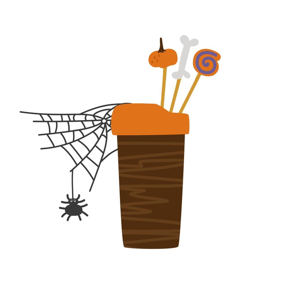 A paper cup of coffee for Halloween with lollipops and cobwebs. Vector thematic illustration isolated for falling design and decor.