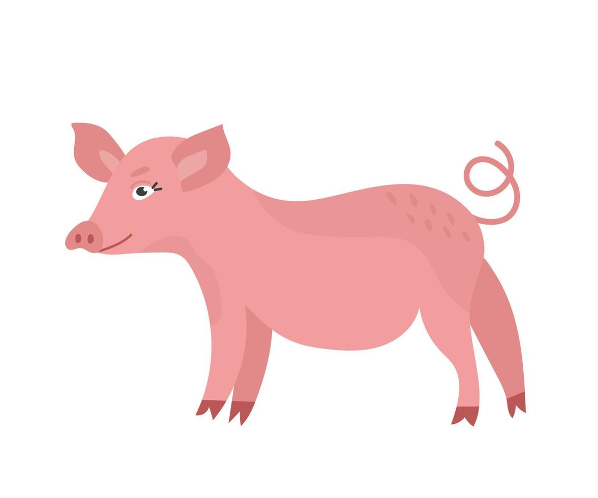 lindo cerdito rosa en estilo de dibujos animados. carácter animal vectorial de una granja aislada en un fondo blanco. vector