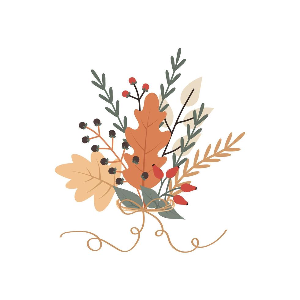 Autumn bouquet of leaves, twigs and berries tied with a ribbon. Vector illustration of falling for postcard design, invitation and decor