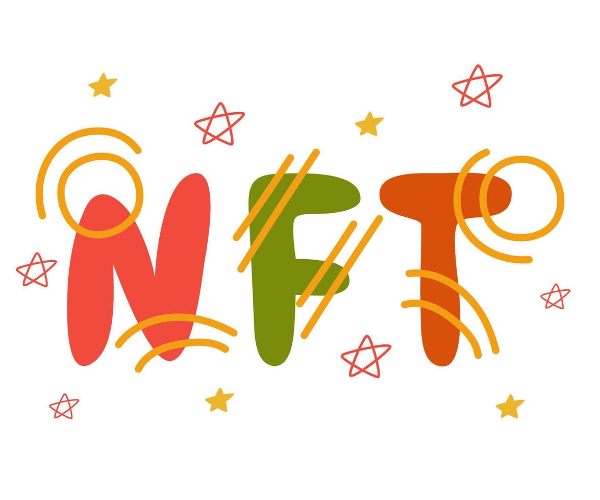 Nft token illustration of lettering. With asterisks circles and lines in the form of decoration. Vector logo clipart is a simple abstract illustration isolated on a white background.