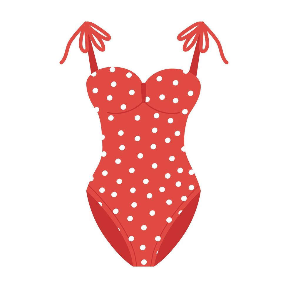 One-piece women's swimsuit in red polka dots with cups and straps with ties. Fashionable illustration of clothes for sea holidays and sunbathing in hot summer. vector