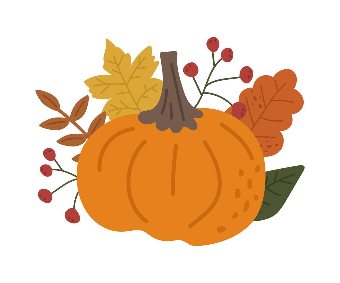 Autumn Ripe Orange Pumpkin Vector Cartoon Illustration With Fallen Autumn Ripe Orange Pumpkin Cartoon Illustration With Fallen Colorful Leaves And Berries Applique For Design Decoration Printing On A T Shirt Vector