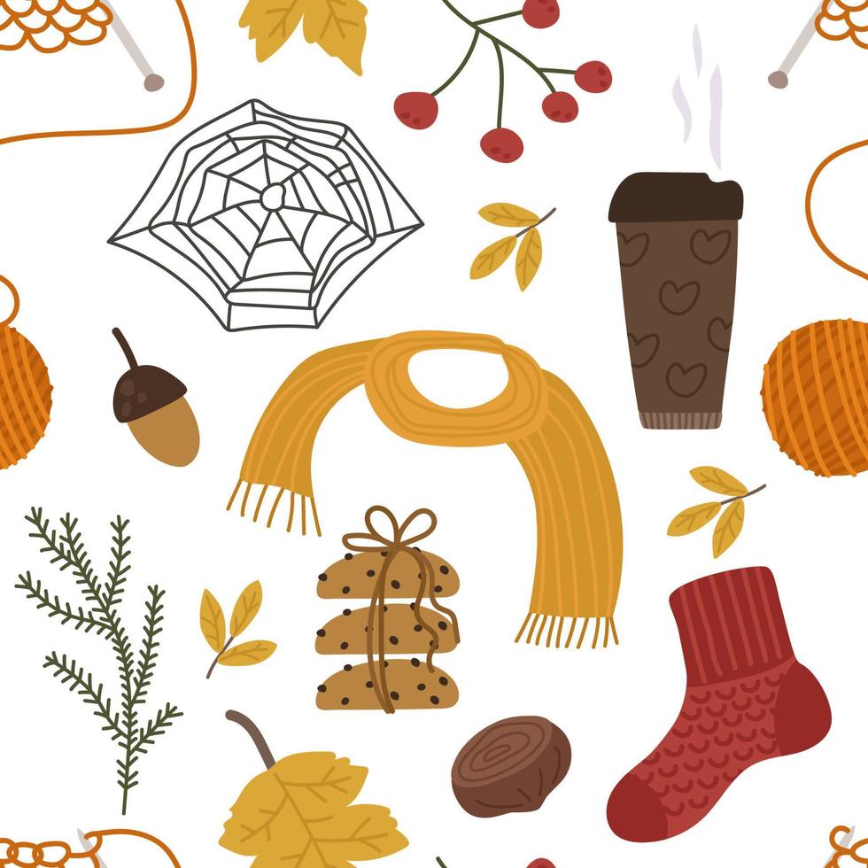 Seamless autumn pattern with cobwebs, coffee, latte, chocolate, cookies, socks, scarf, knitting, berries and leaves. Vector illustration for warm fall, printing on clothes, packaging, fabric, paper.
