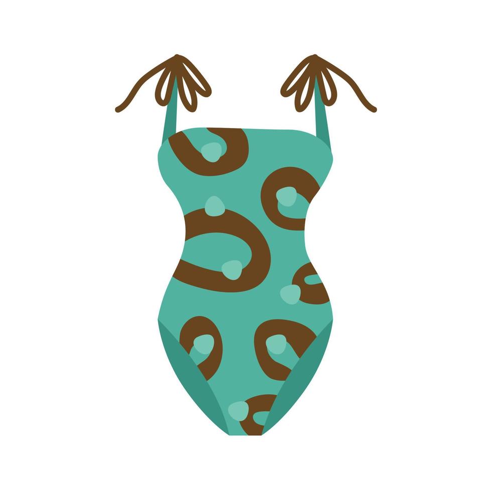 One-piece turquoise women's swimsuit with abstract ornament and straps with ties. Fashionable illustration of clothes for sea holidays and sunbathing in hot summer. vector