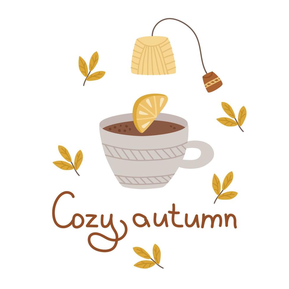 acogedora postal de otoño con una taza de té con limón y una bolsa. ilustración vectorial con hojas para caída cálida, decoración, diseño o impresión en ropa. vector