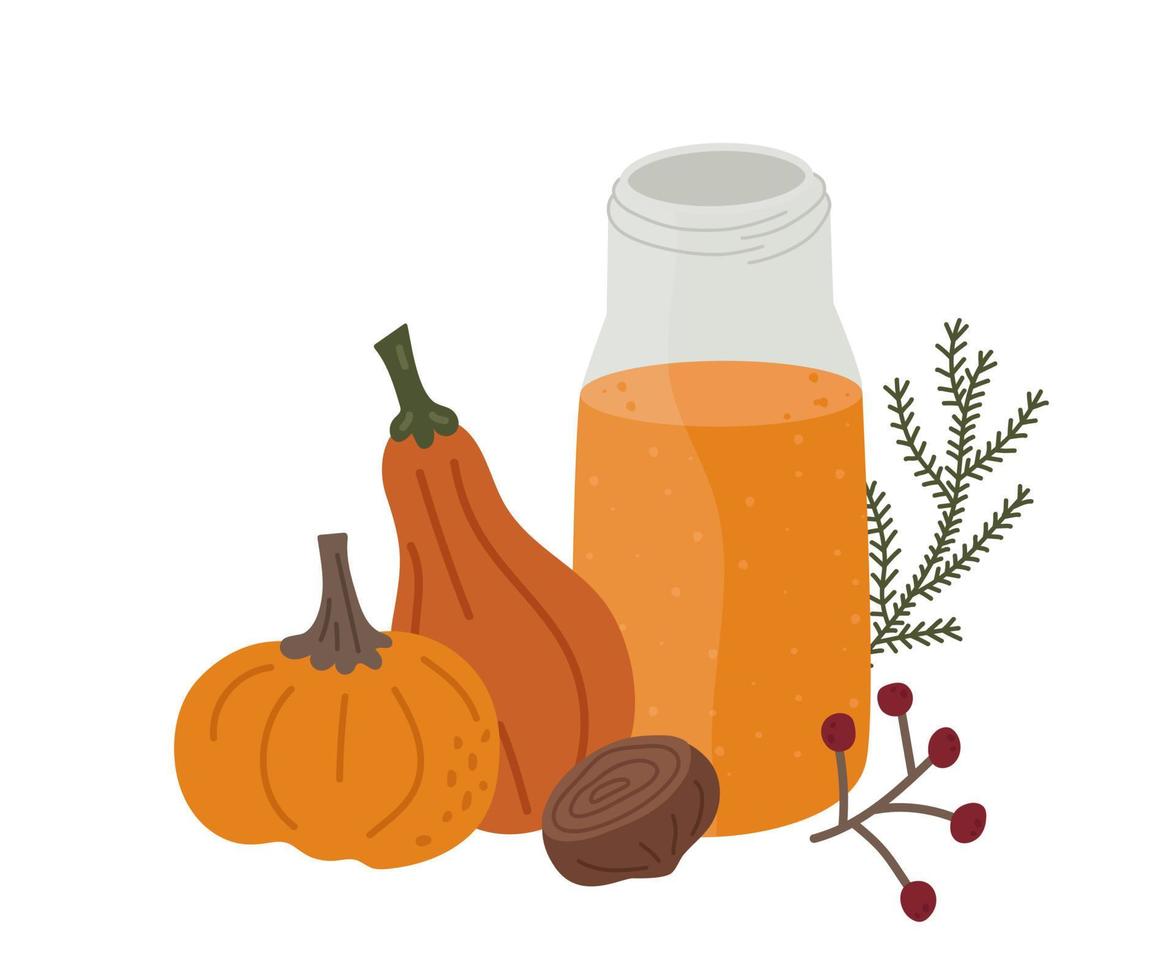 Cozy autumn orange pumpkin smoothie. Bright colorful falling set of ingredients. Vector illustration of healthy vegetable drinks.