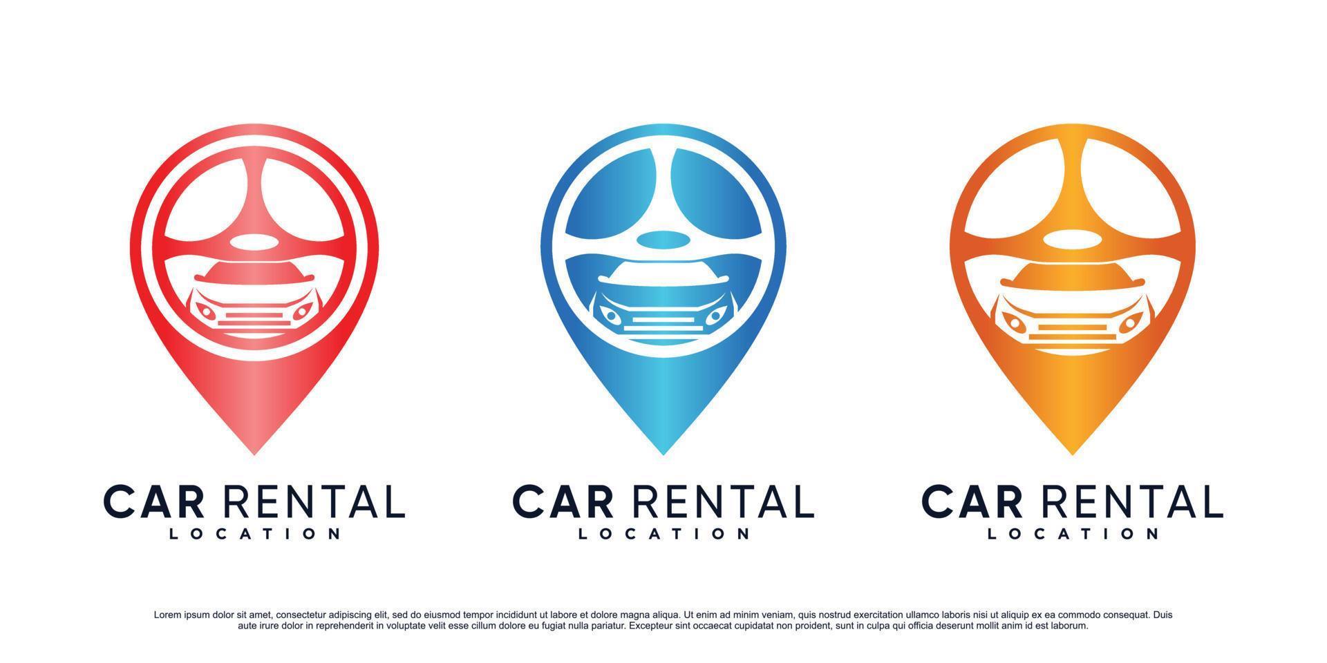 Car rental logo design with steering wheel icon and creative element Premium Vector