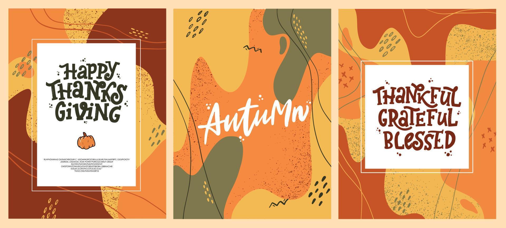 set of abstract Thanksgiving cards, posters, invitation templates. Hand lettering quotes on memphis backgrounds for autumn banners, flyers, prints, etc. EPS 10 vector