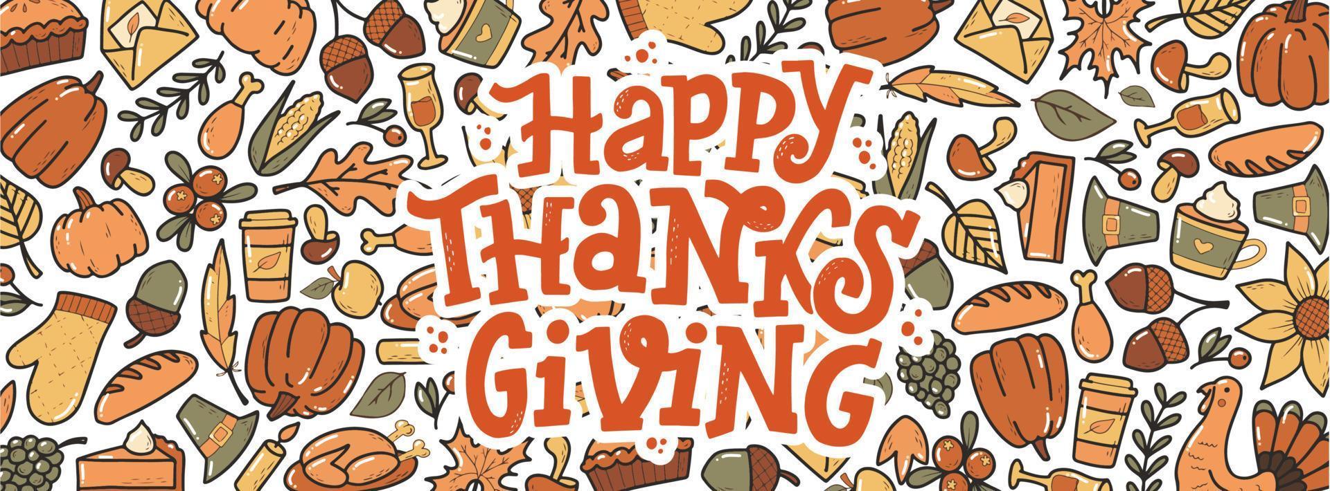 Happy Thanksgiving hand lettering quote decorated with doodles for socila media banners, prints, cards, invitations, etc. EPS 10 vector
