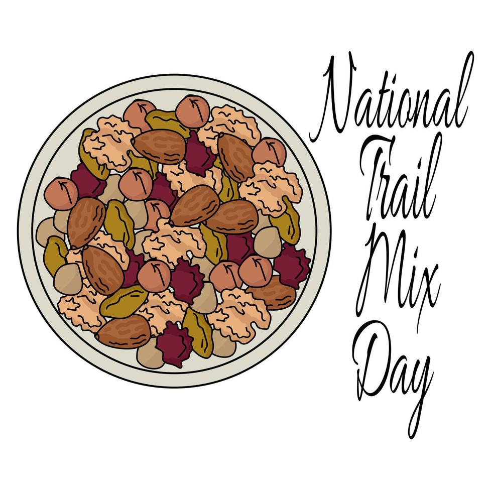 National Trail Mix Day, a set of healthy snacks made from nuts and dried fruits vector