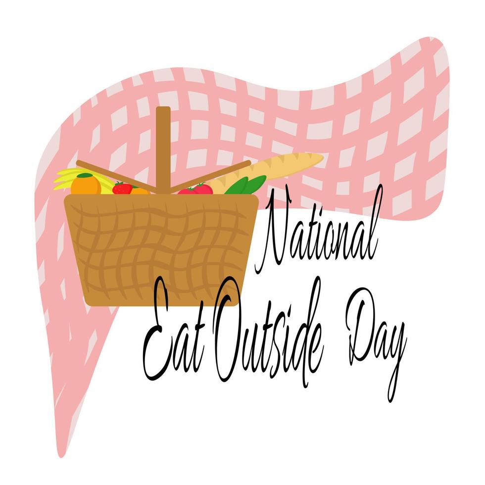 National Eat Outside Day, picnic basket and bright tablecloth for poster or banner vector