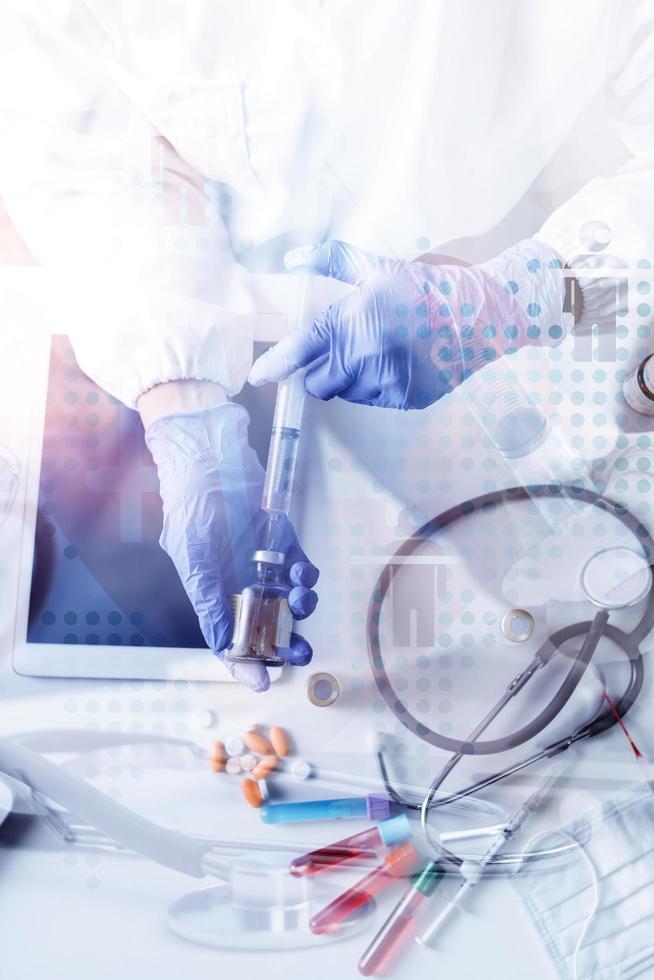 Double exposure of technology healthcare And Medicine concept. Two doctors using digital tablet and modern virtual screen interface icons panoramic banner, blurred background. photo