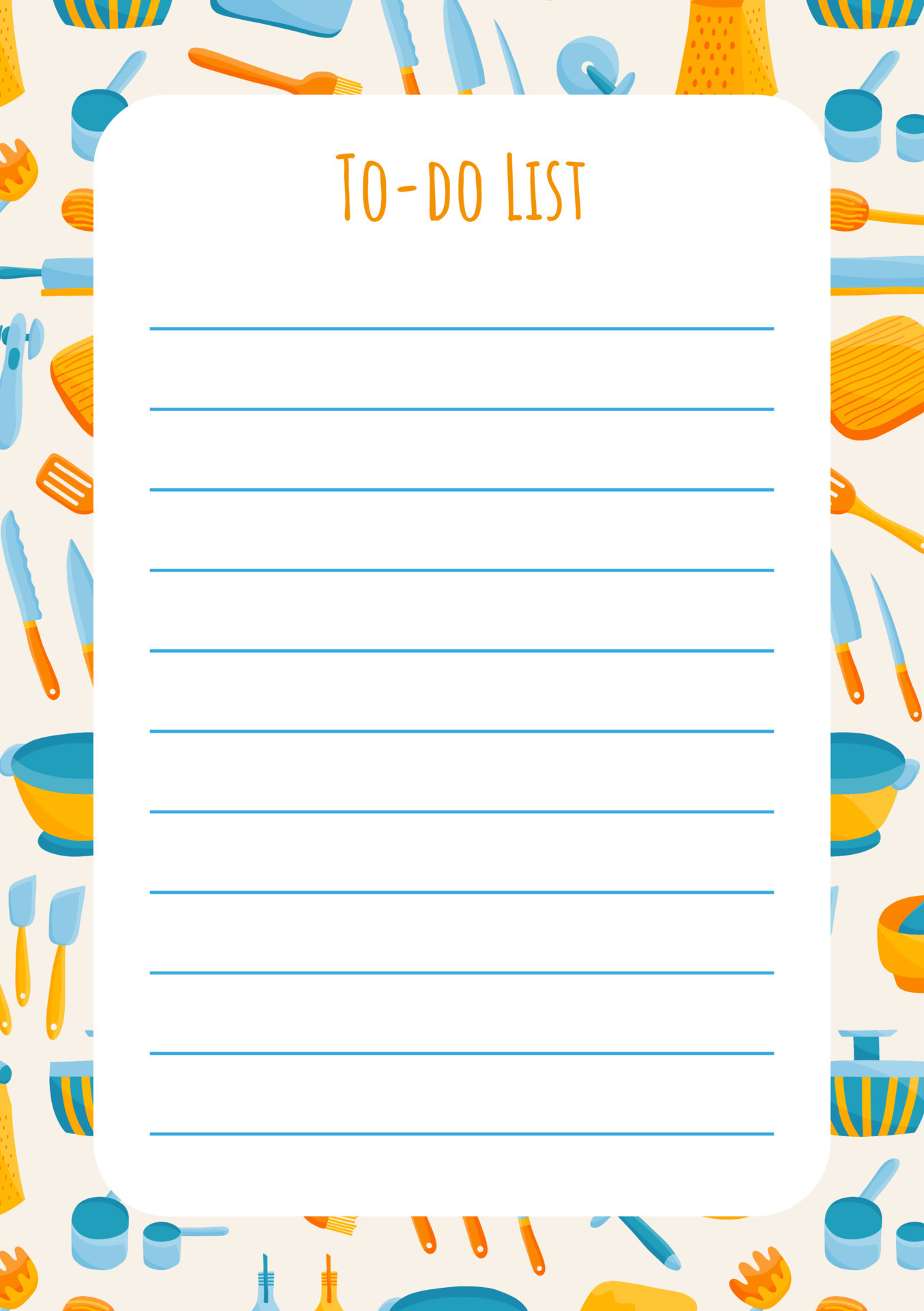 Printed todo list template with kitchen utensils for cooks and cooking