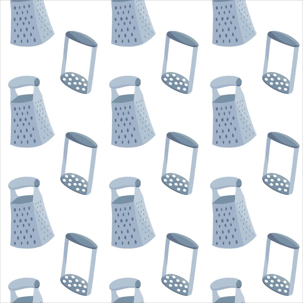 Seamless pattern with kitchen tools spade, knife, spatula, cutting board, masher, funnel, grater, rolling pin, spoons, cups. vector