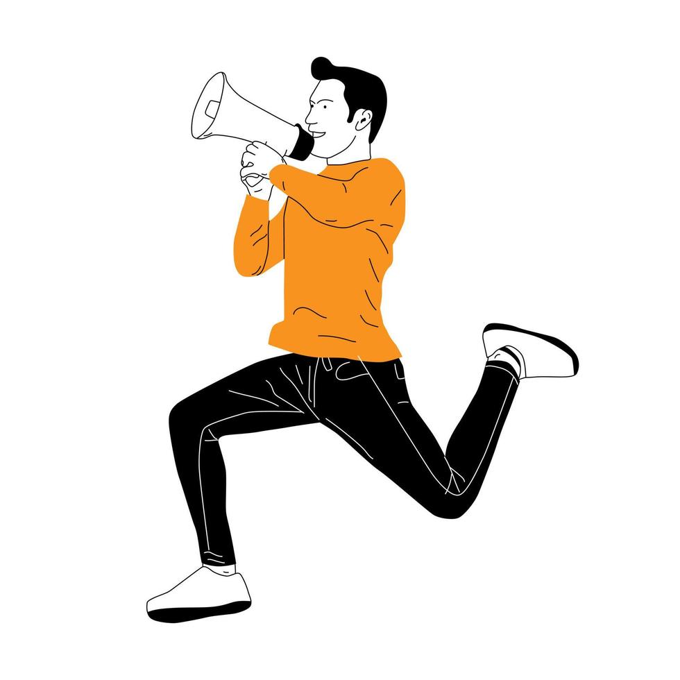 hand draw Young active man jumping and shouting on megaphone vector