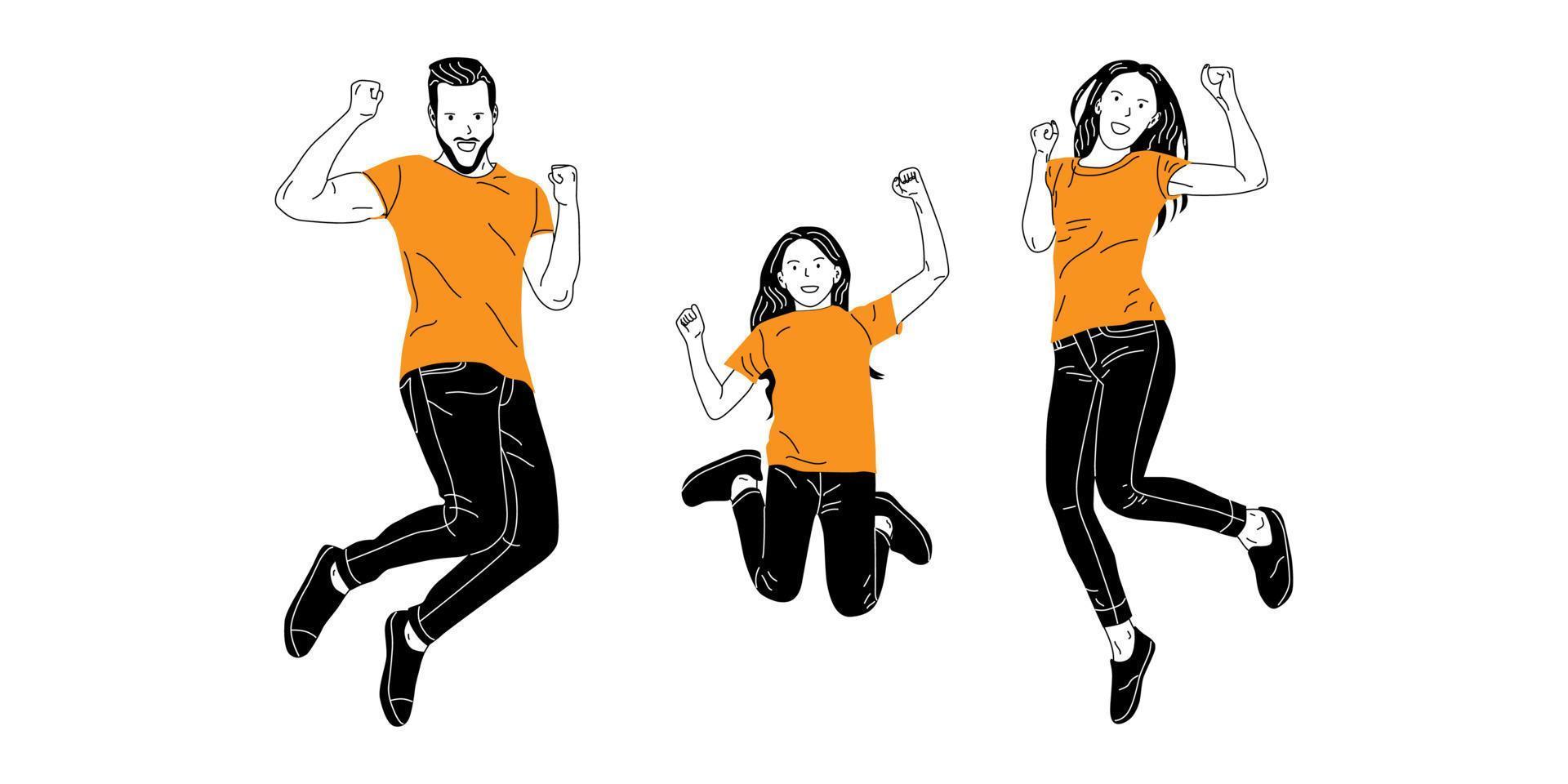 familia feliz dibujada a mano saltando y divirtiéndose juntos vector