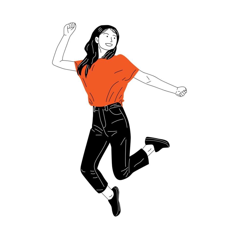 hand draw happy woman jumping vector