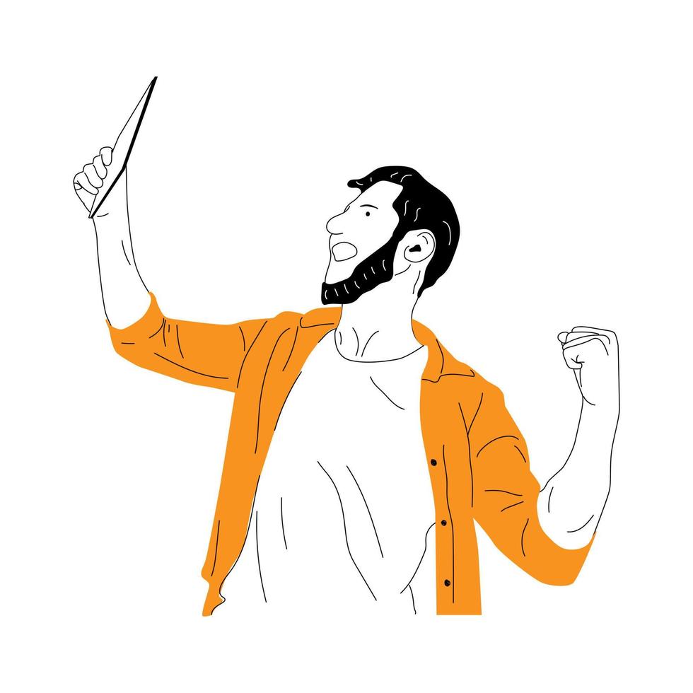 illustration of man looking at his tablet and shouting happy vector