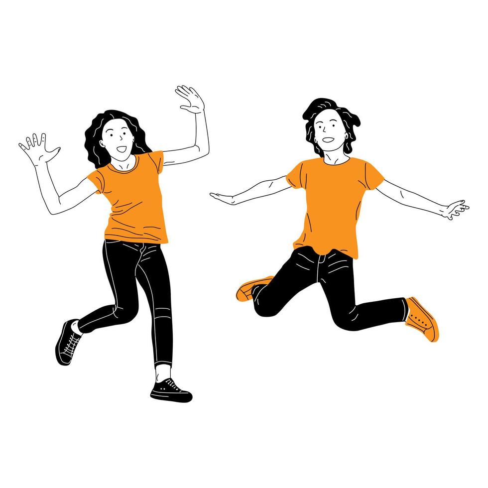 illustration of two young people smiling positively happy having fun jumping vector