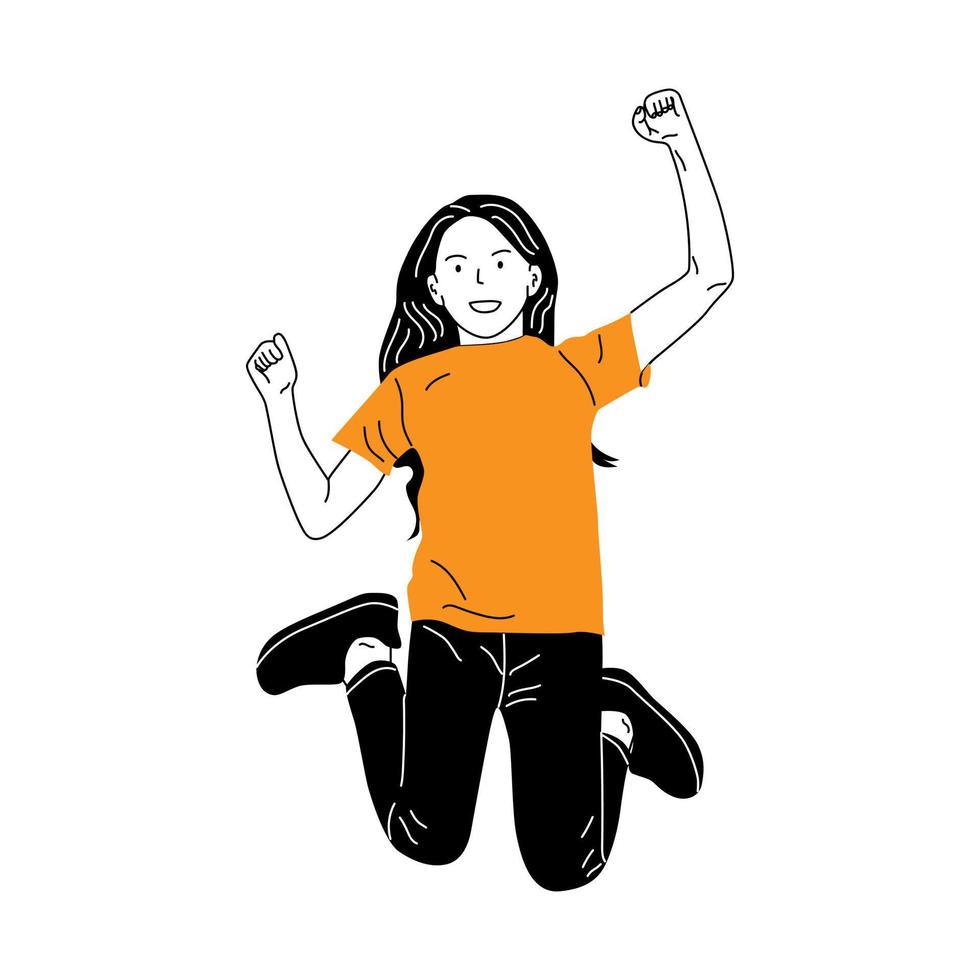 hand drawn happy woman jumping and happy vector