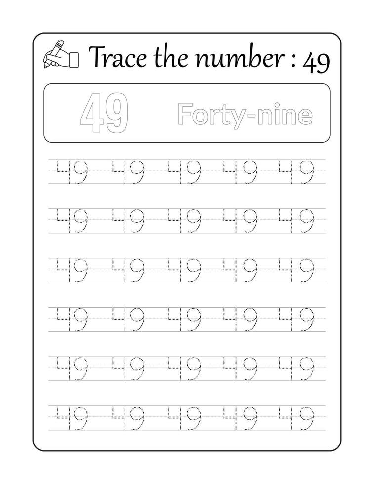 Trace the number 49. Number Tracing for Kids vector