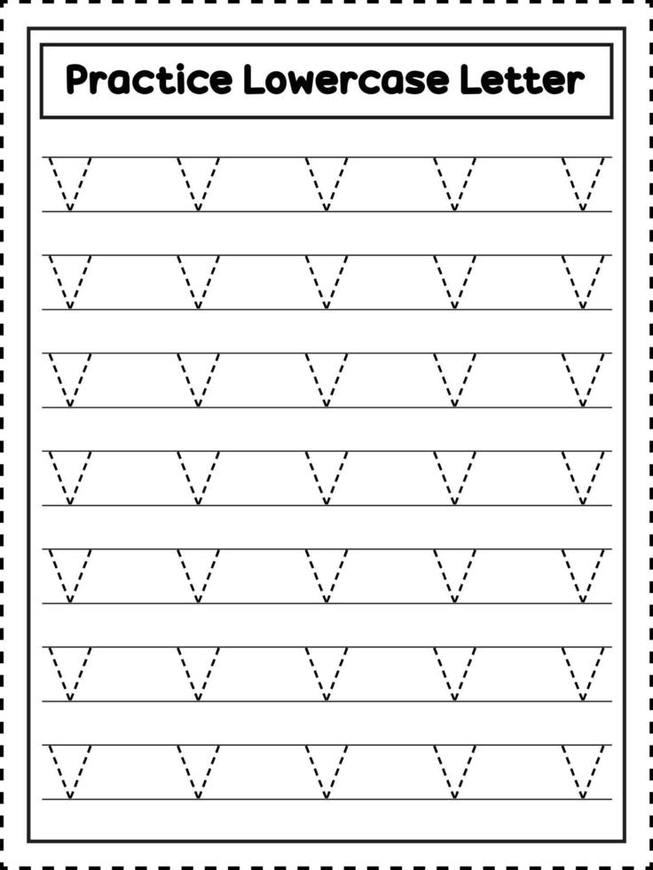 trazado de letras del alfabeto abc. letra minúscula v. práctica de escritura a mano para niños en edad preescolar vector