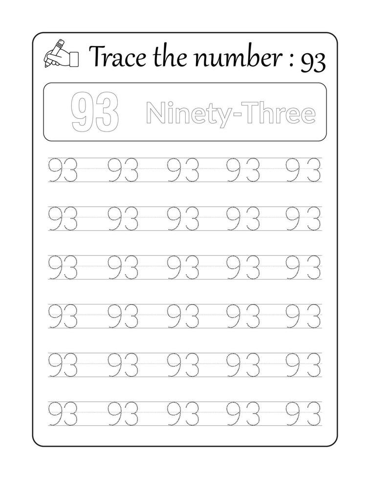 Trace the number 93. Number Tracing for Kids vector