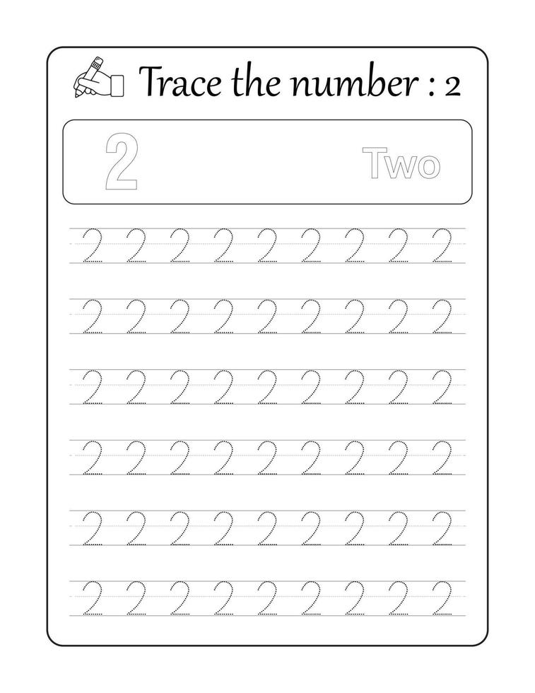 Trace the number 2. Number Tracing for kids vector