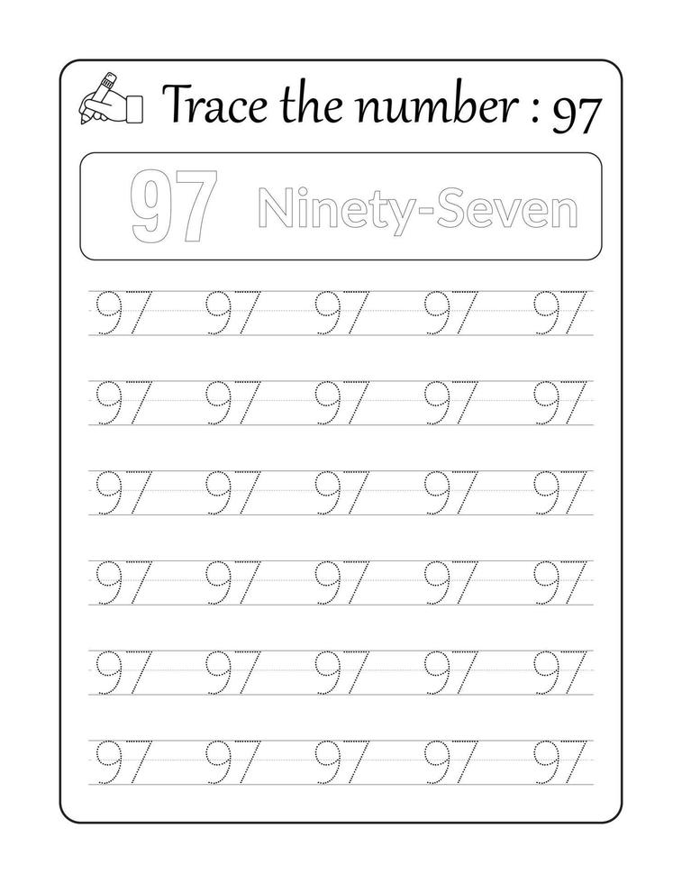 Trace the number 97. Number Tracing for Kids vector