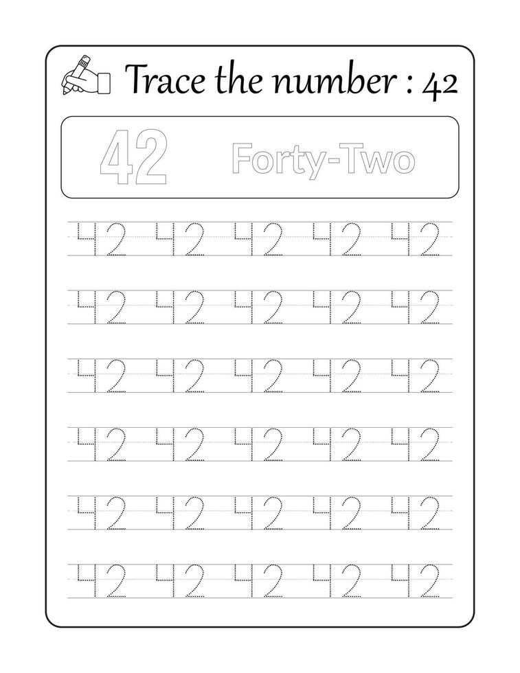 Trace the number 42. Number Tracing for Kids vector