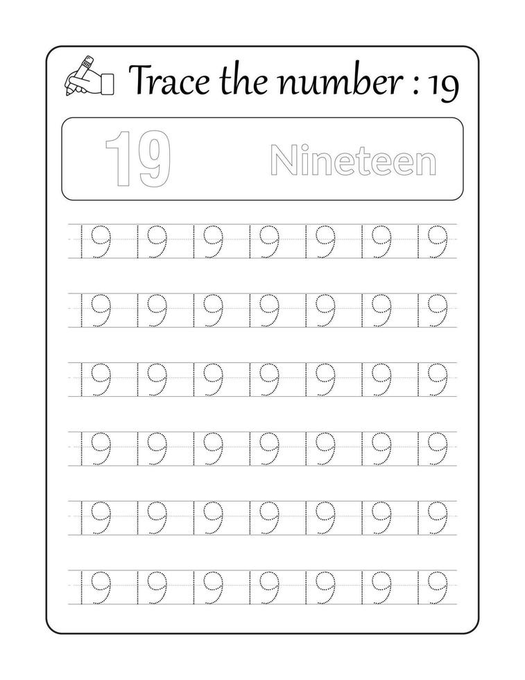 Trace the number 19. Number Tracing for kids vector