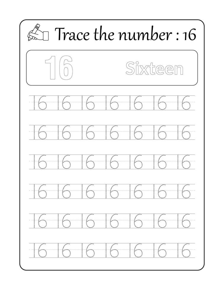 Trace the number 16. Number Tracing for kids vector