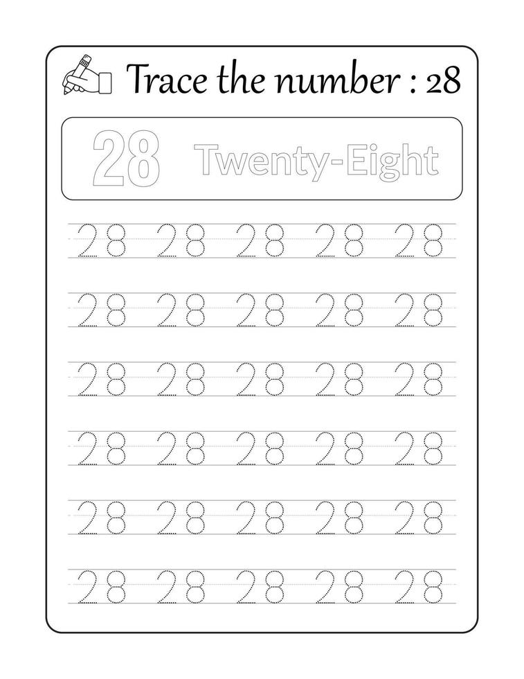 Trace the number 28. Number Tracing for kids vector