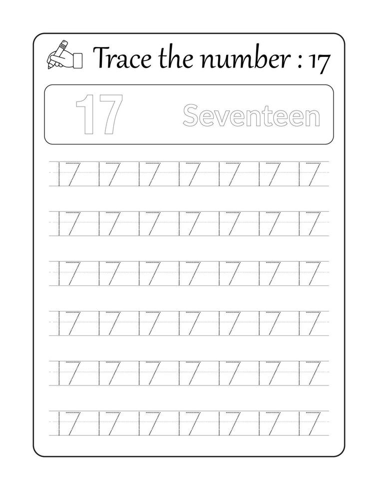 Trace the number 17. Number Tracing for kids vector