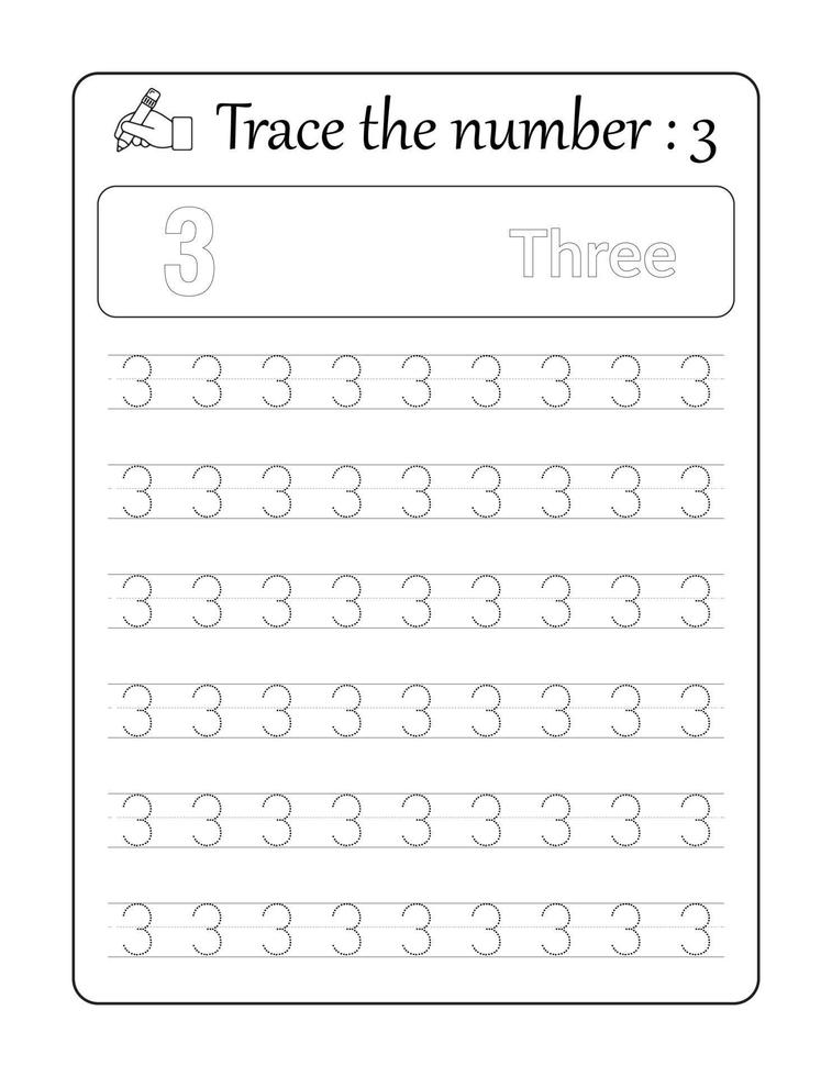 Trace the number 3. Number Tracing for kids vector