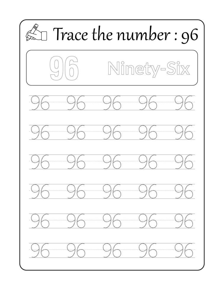 Trace the number 96. Number Tracing for Kids vector