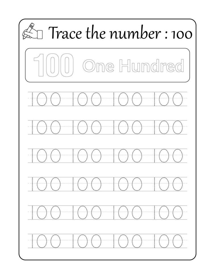 Trace the number 100. Number Tracing for Kids vector