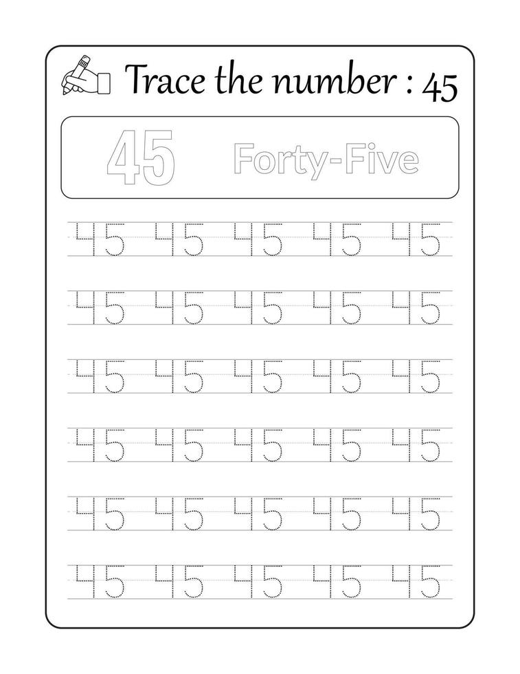 Trace the number 45. Number Tracing for Kids vector