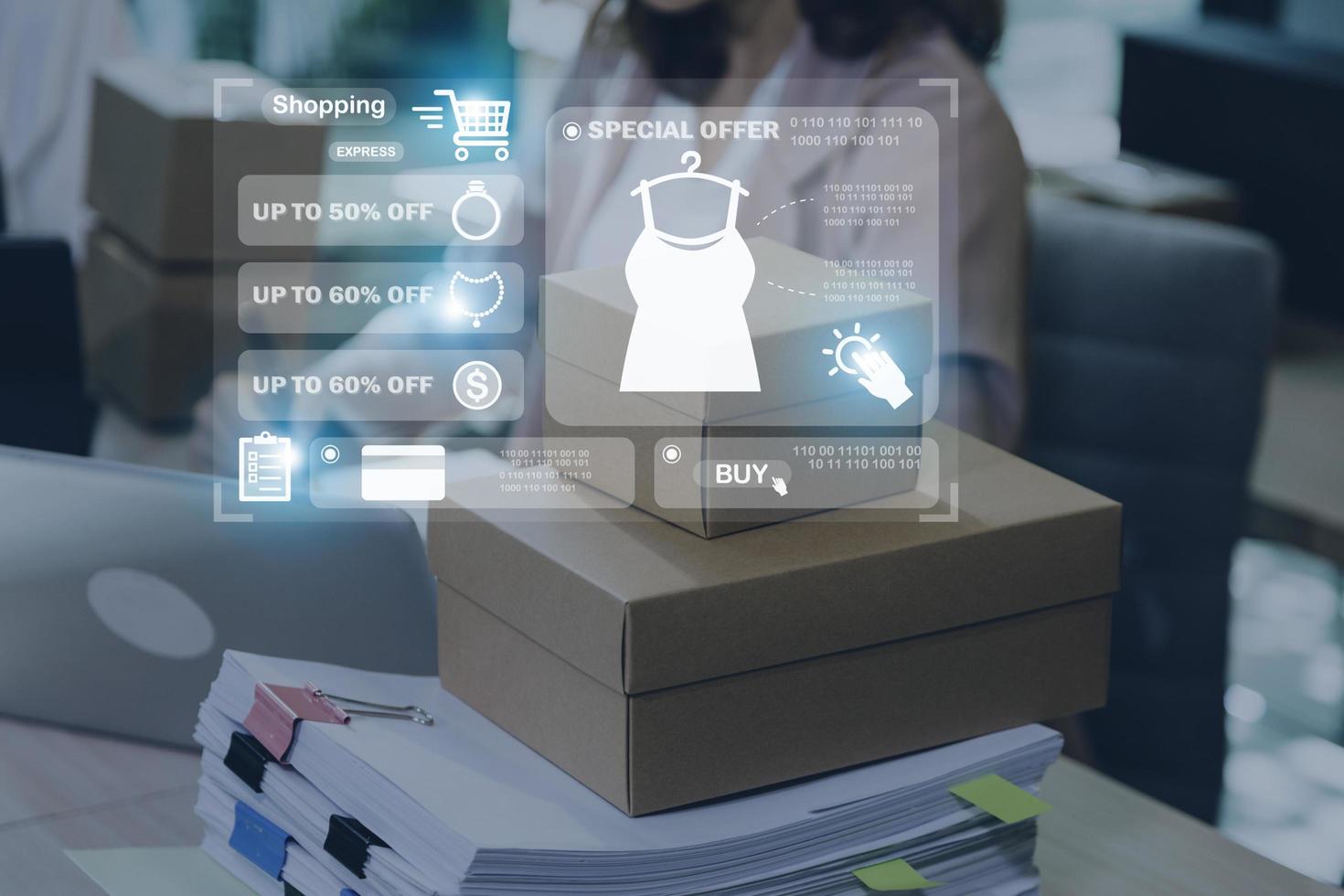 Attractive Asian SME business woman working at home office. online shopping concept photo