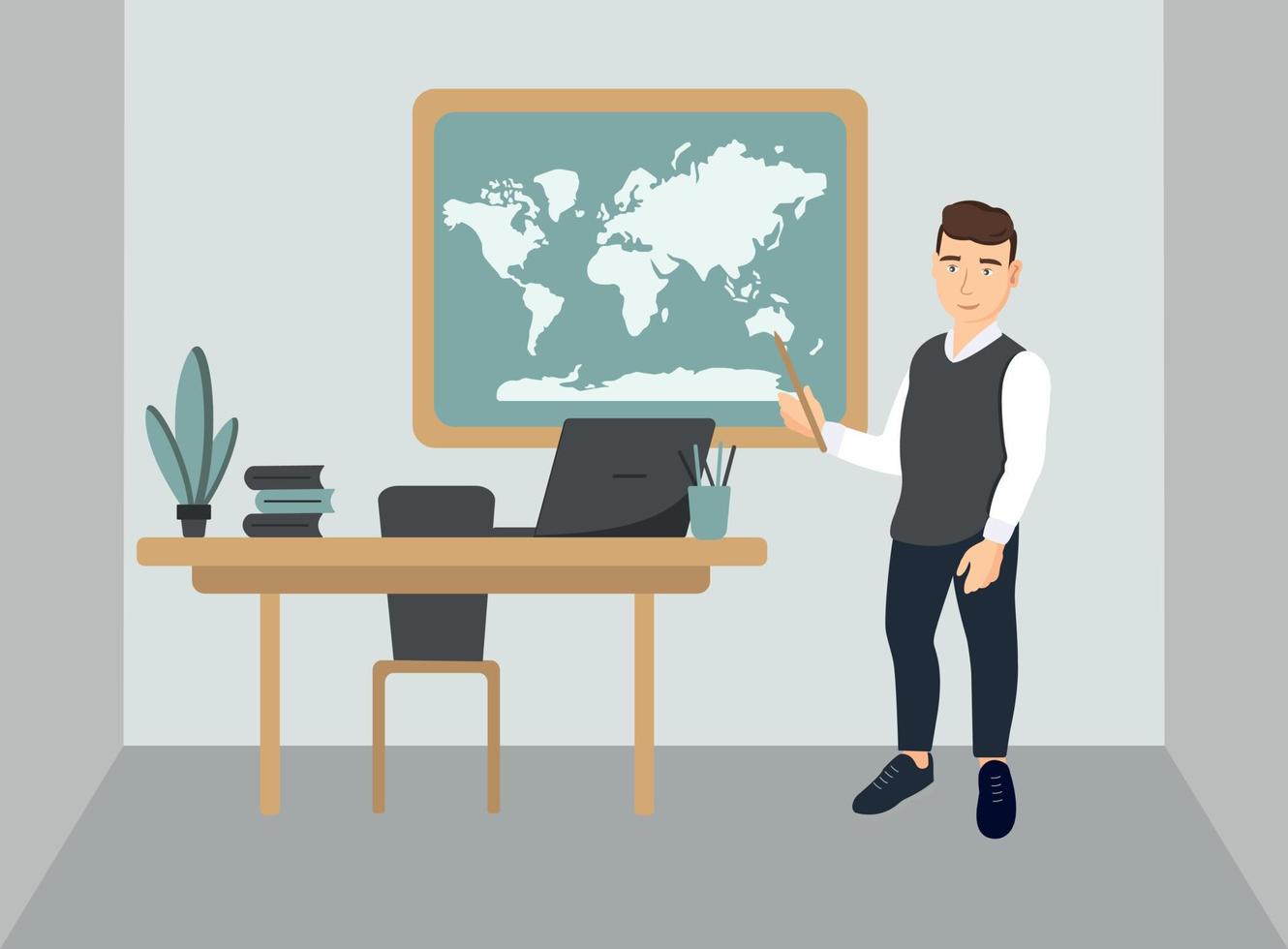 Geography lesson at school - cartoon cute characters illustration with a young teacher. Classroom with different visual aids, board, desk, books. vector