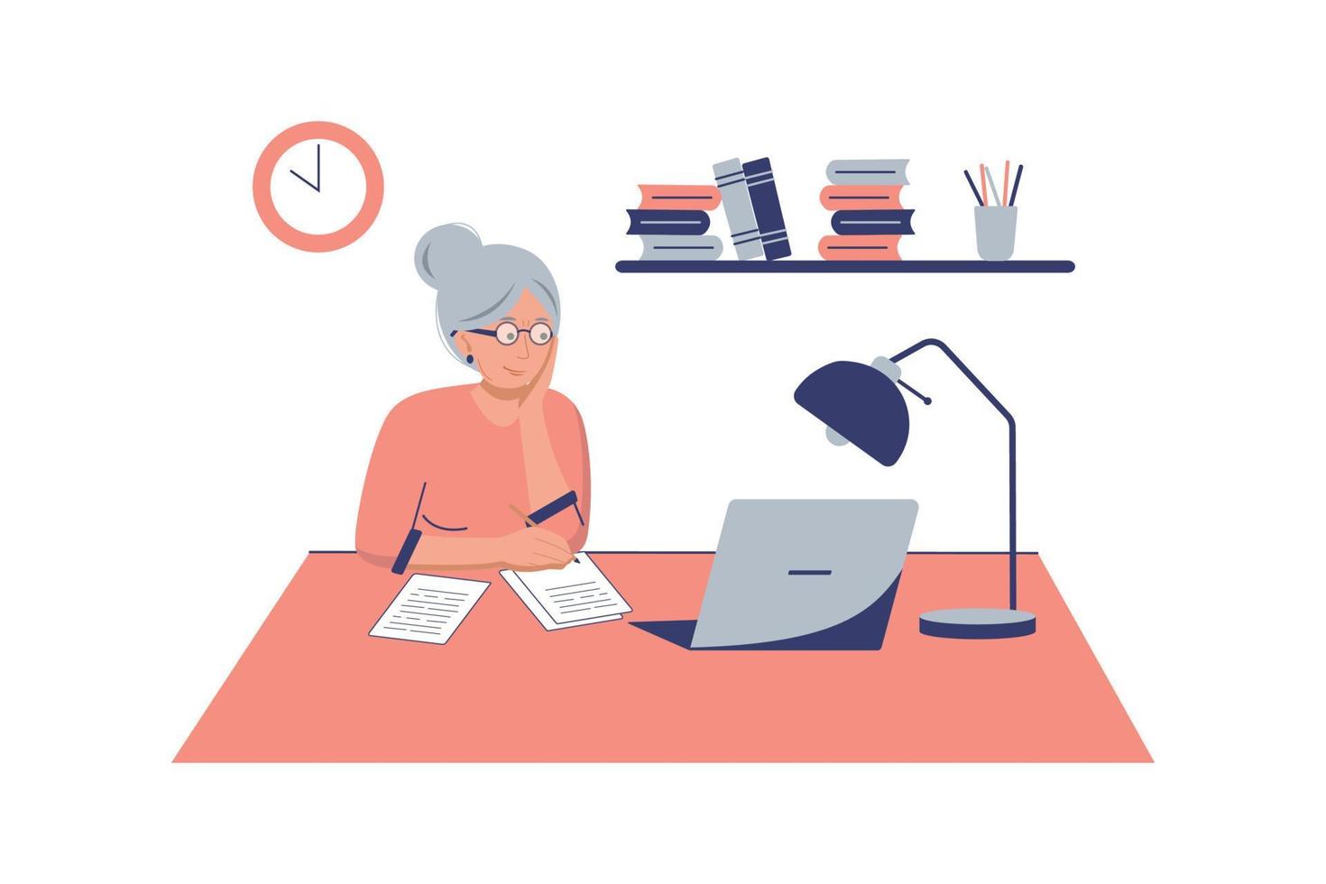 Cute old woman working on laptop computer at home. Online education, web courses, modern technologies and old age concept. Vector pink illustration in flat style.