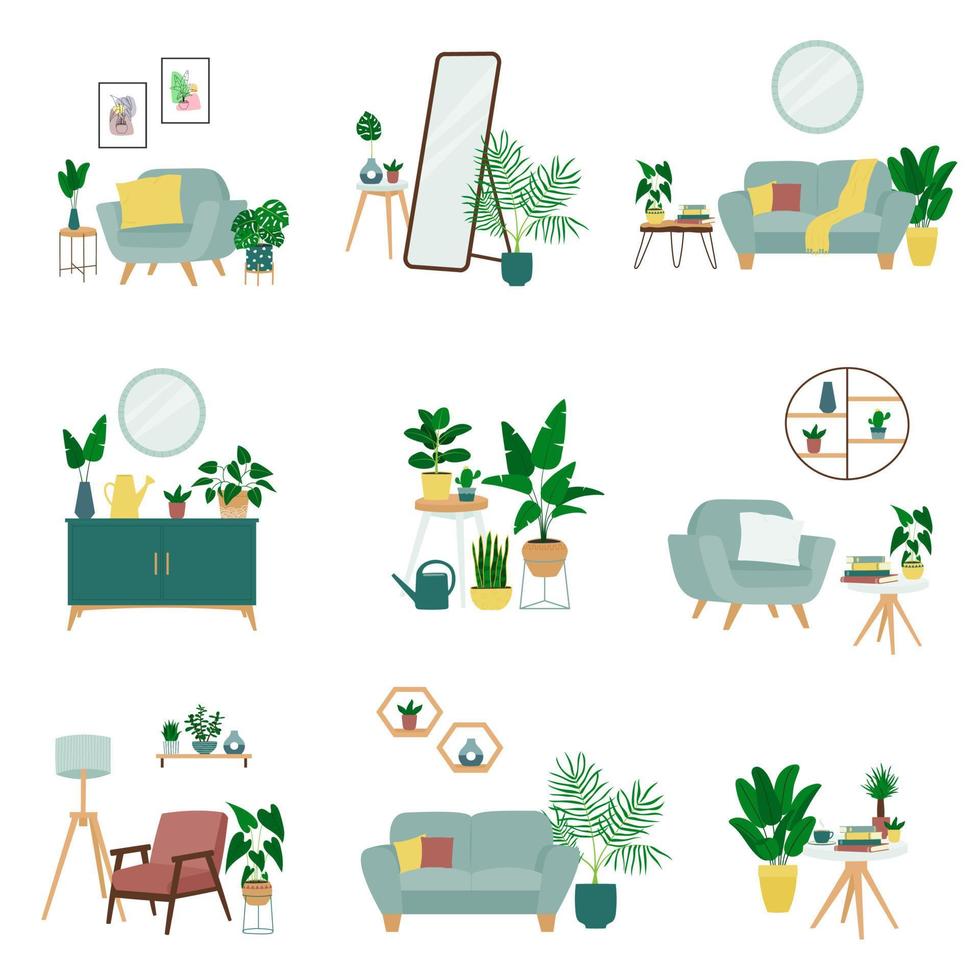 conjunto de diseños de interiores con sofá, sillón, mesa, lámpara de pie, aparador y planta de interior. composiciones de moda con decoraciones para el hogar vector