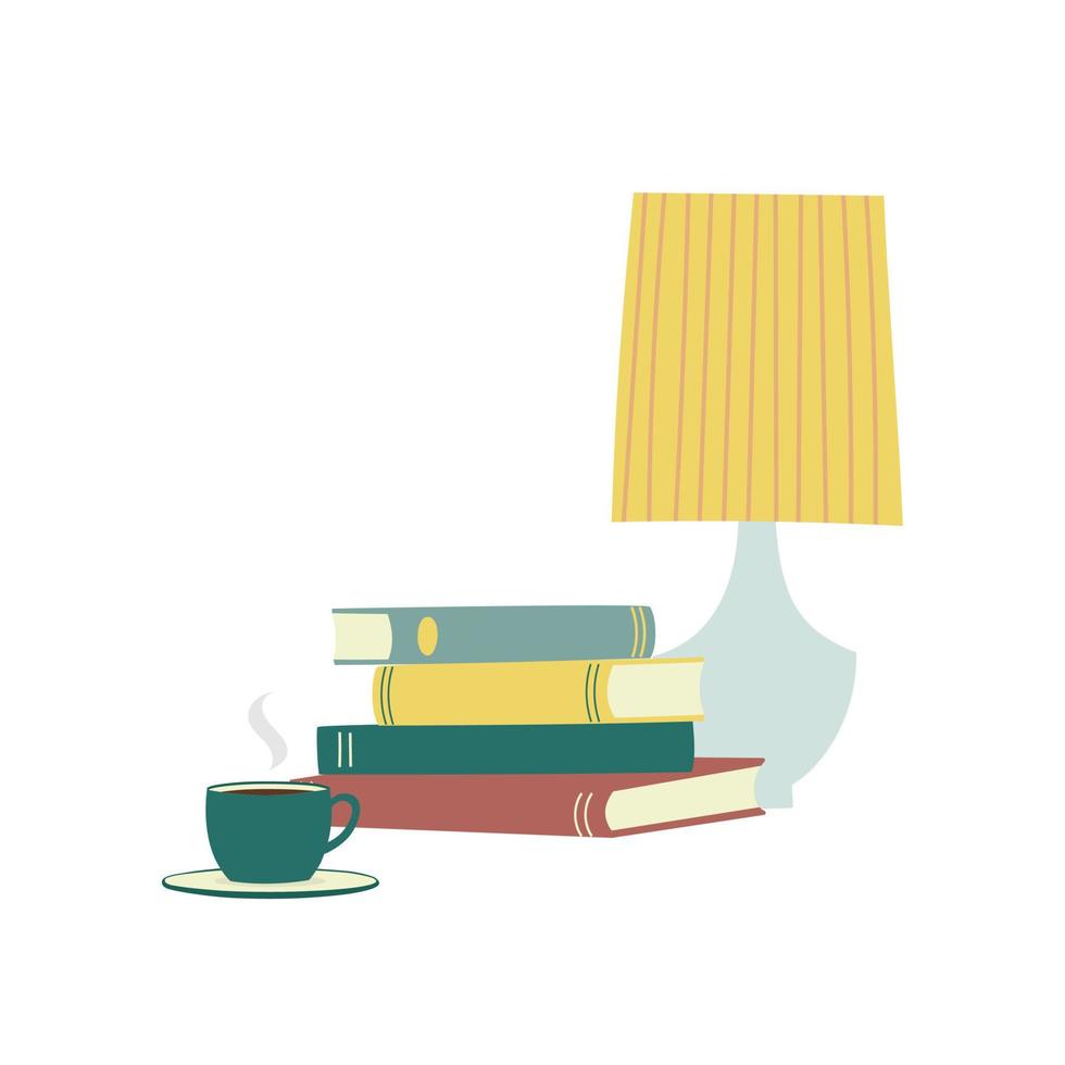 Hand drawn stack of colorful books, lamp and cup of coffee or tea. Cozy scene with a pile of textbooks, mug with hot beverage and lamp. vector