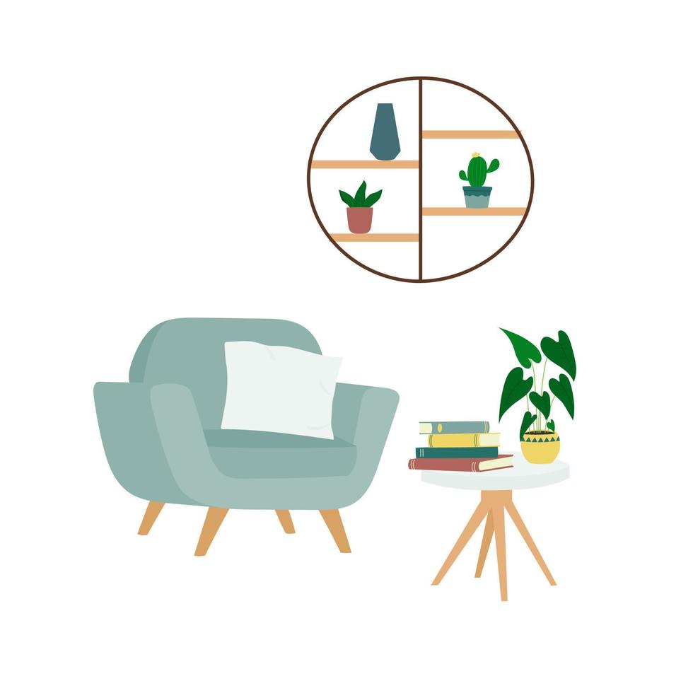 Interior design of living room with armchair, table and houseplants. Trendy composition with home decorations vector