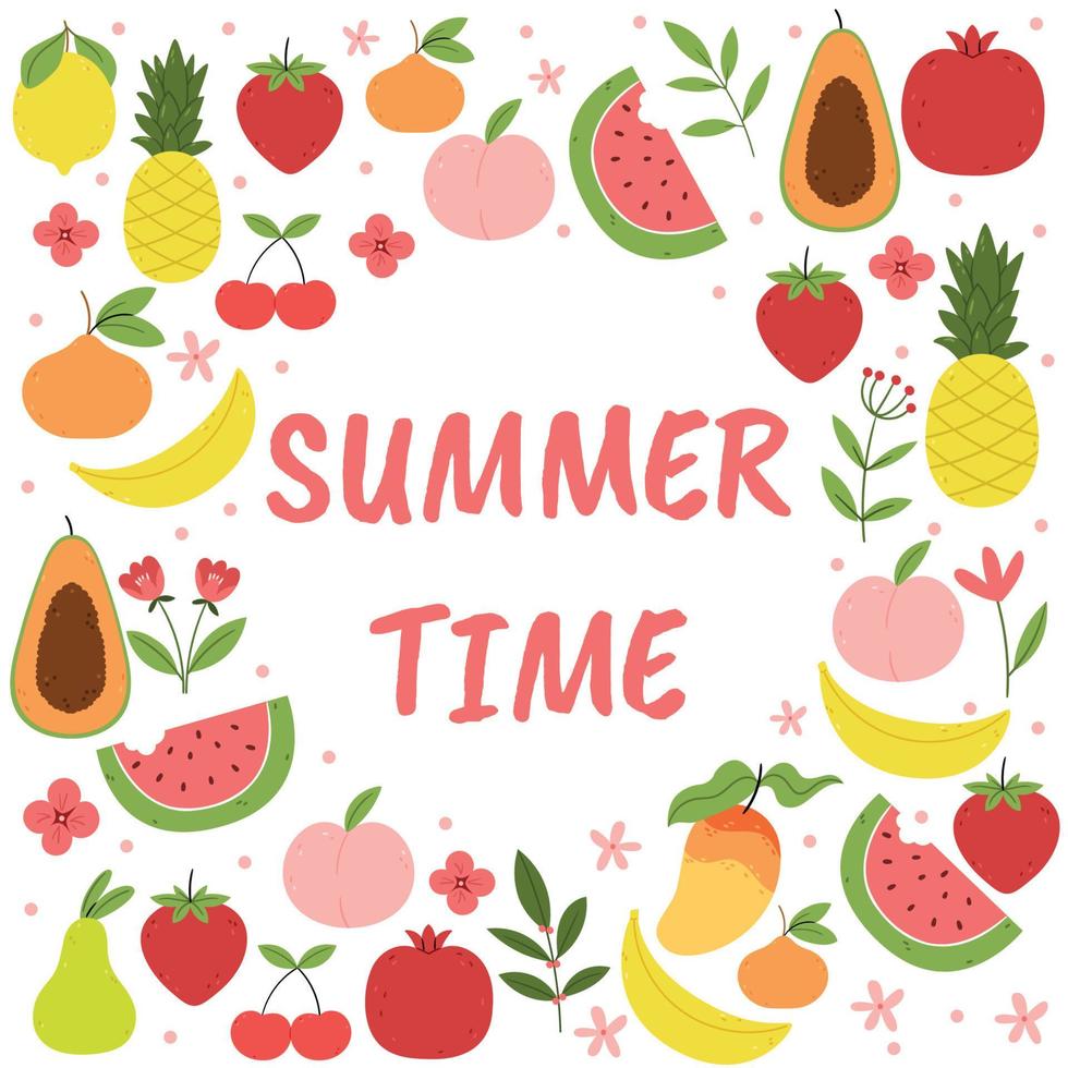 Set of summer fruits and berries.Inscription Summertime. Organic products. Apple, orange, watermelon, strawberry, pear, papaya, banana, lemon, pineapple. Summer flowers. vector
